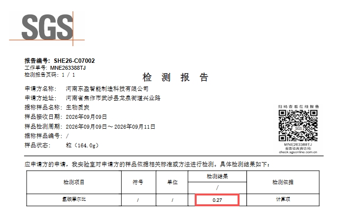 SGS test report showing an H/C molar ratio of 0.27