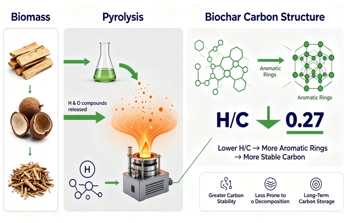 Biochar H/C ratio and aromatic carbon structure diagram